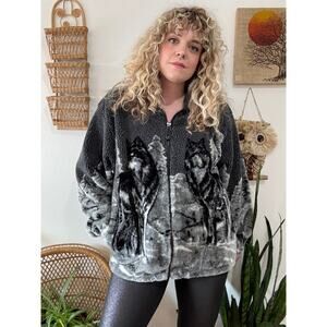 Late 90s/Y2K Fleece Wolf Zip Up size large